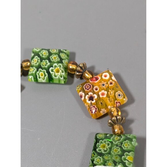 Bronze Tone Green Yellow Millefiori Glass Square Bead Bracelet 7" - Picture 4 of 7